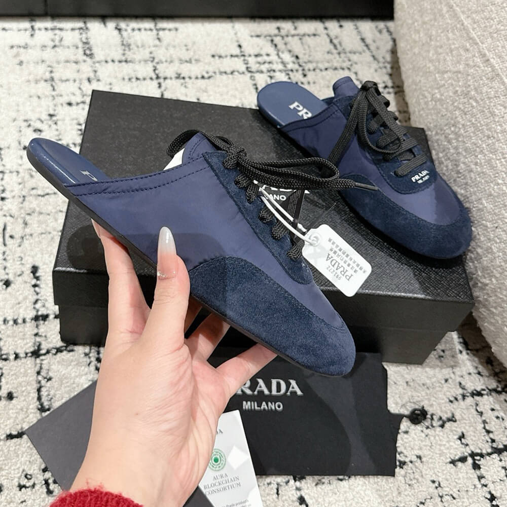 PRADA Collapse Re-Nylon and suede mules