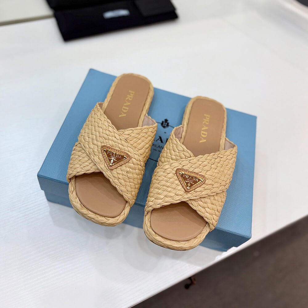 Prada Raffia crisscross slides